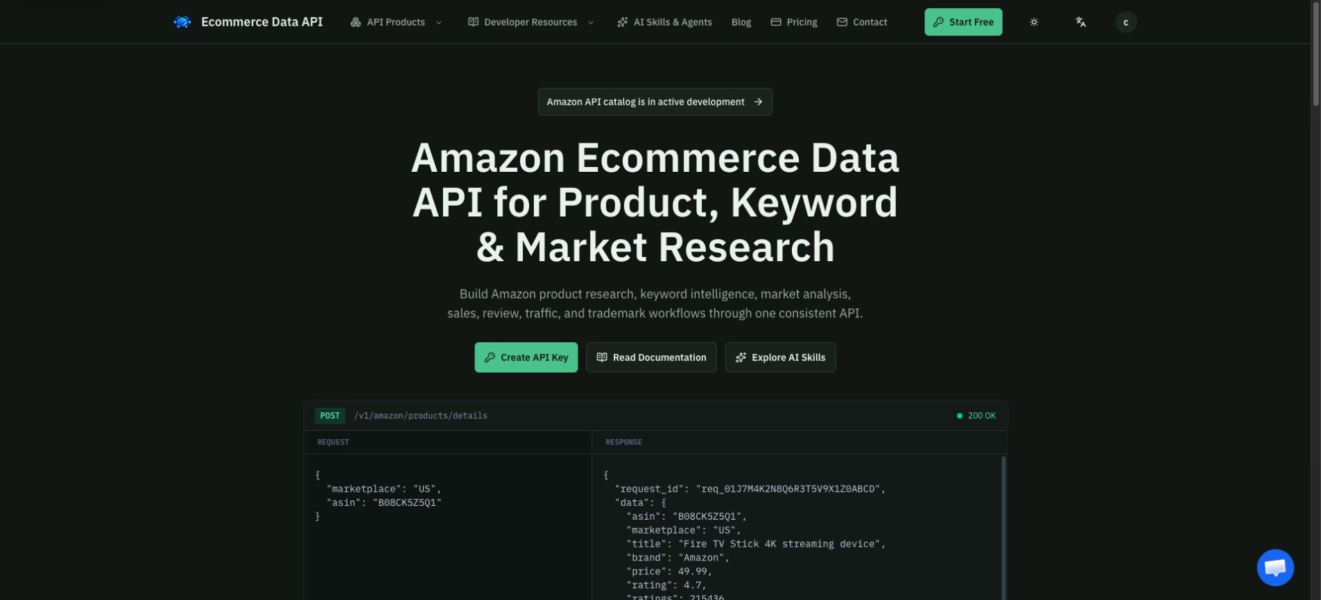 Ecommerce Data API homepage and available API data capabilities.