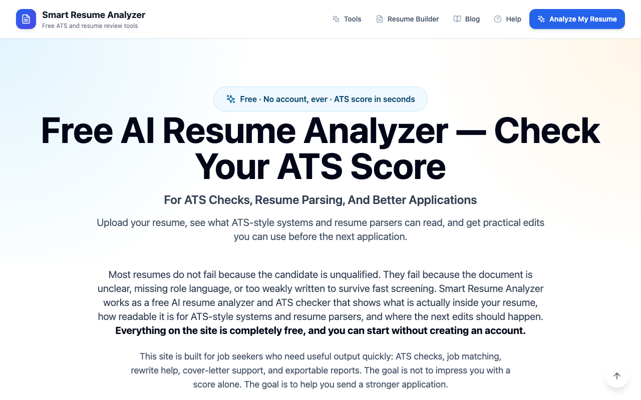 Smart Resume Analyzer offers free, instant ATS resume parsing, keyword gap matching, and AI bullet point rewrites to help job seekers improve application match rates without logins or fees.